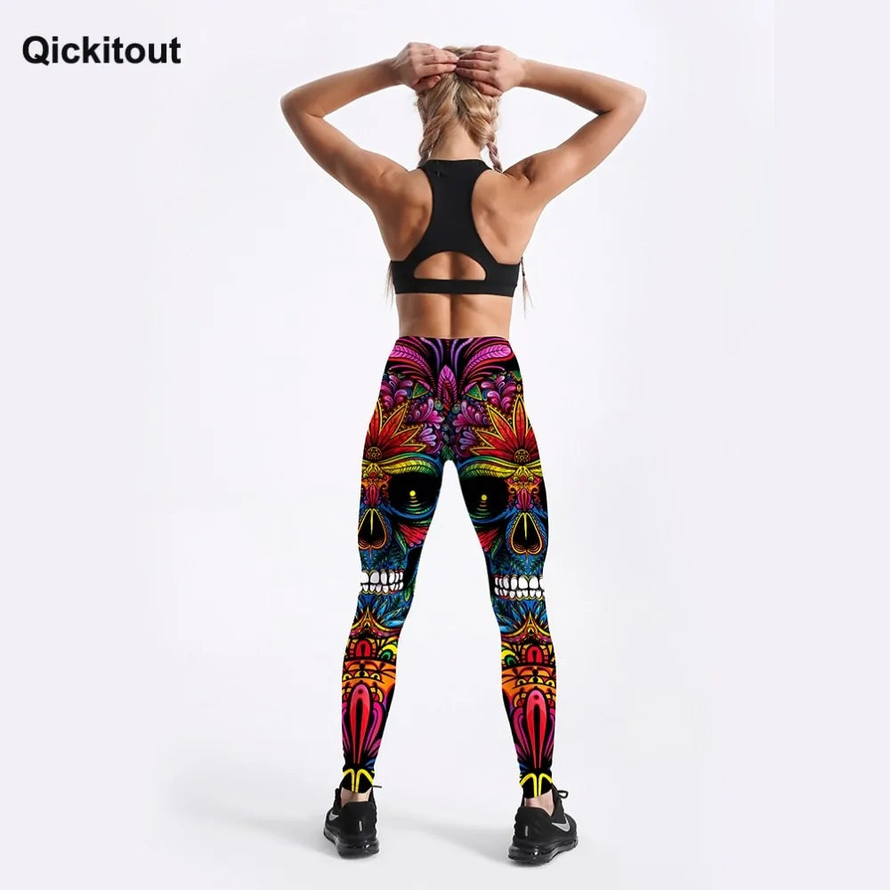 Colorful Skull & Leaf Printed Slim Workout Leggings