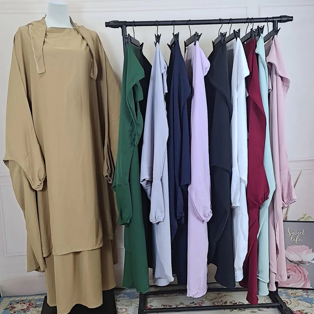 2-Piece Jilbab Set: Muslim Prayer Garment, Long Khimar & Niqab (13 shades)