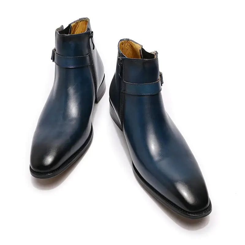 Italian Leather Dress Boots With Zipper & Buckley (blue & black)