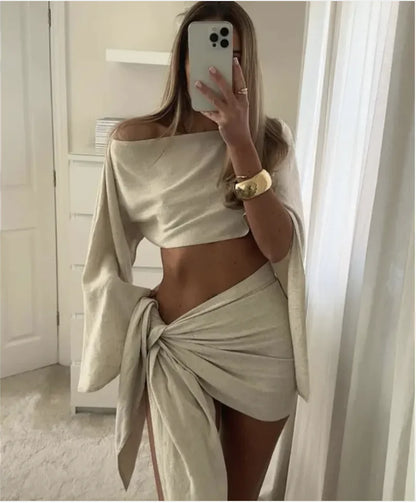 Sexy Diagonal Neck Long Sleeve Two-Piece Set with Lace-Up Skirt (various colors)