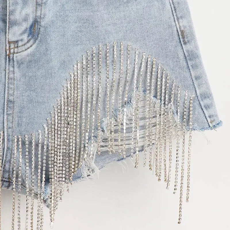 Women luxurious Tassel Rhinestone Fringed Jean Shorts