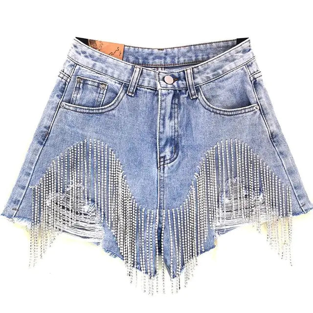 Women luxurious Tassel Rhinestone Fringed Jean Shorts