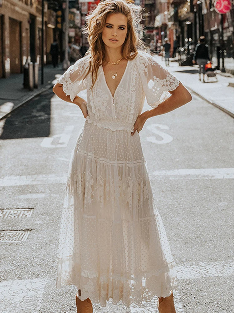 Hollow Out White Long Sexy Lace Dress