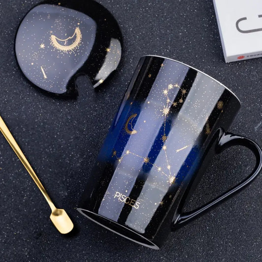 Zodiac Mugs: 12 Constellations (zodiacs) Creative Mugs With Spoon (blue or white)