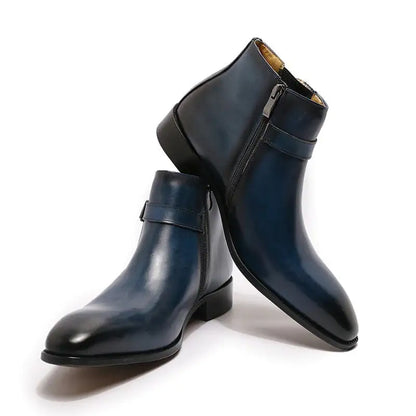 Italian Leather Dress Boots With Zipper & Buckley (blue & black)