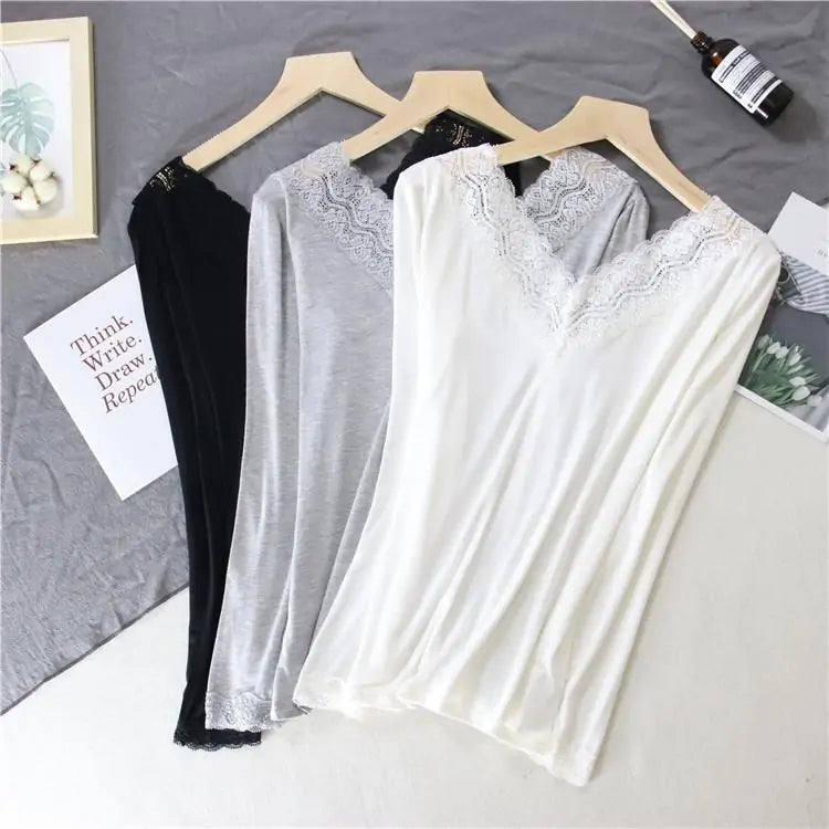 Women Lace V-Neck Thermal Slim Warm Tops (various colors)