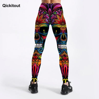 Colorful Skull & Leaf Printed Slim Workout Leggings