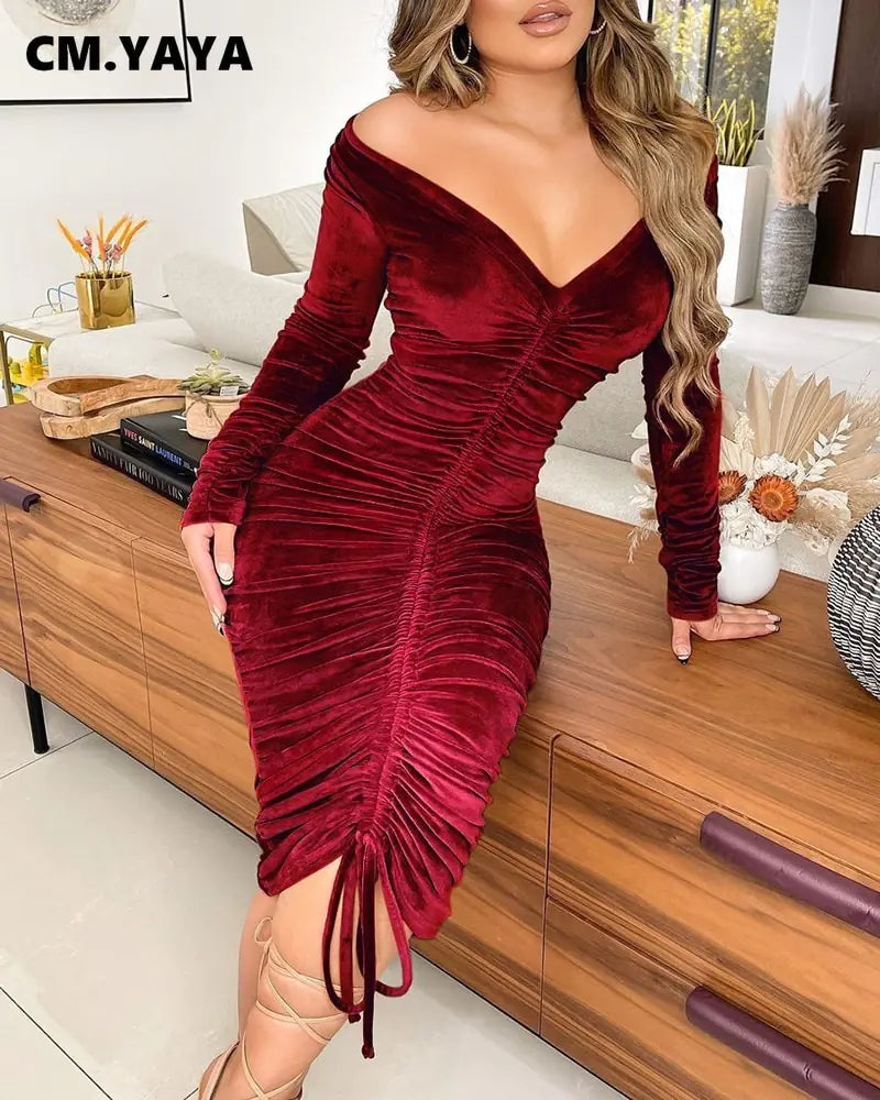 Velvet Drawstring Off Shoulder Midi Dress (various colors)