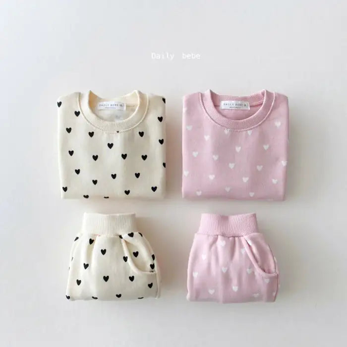 Baby 2 Piece Heart Print Sweatsuit Jogger Set (Pink or White)