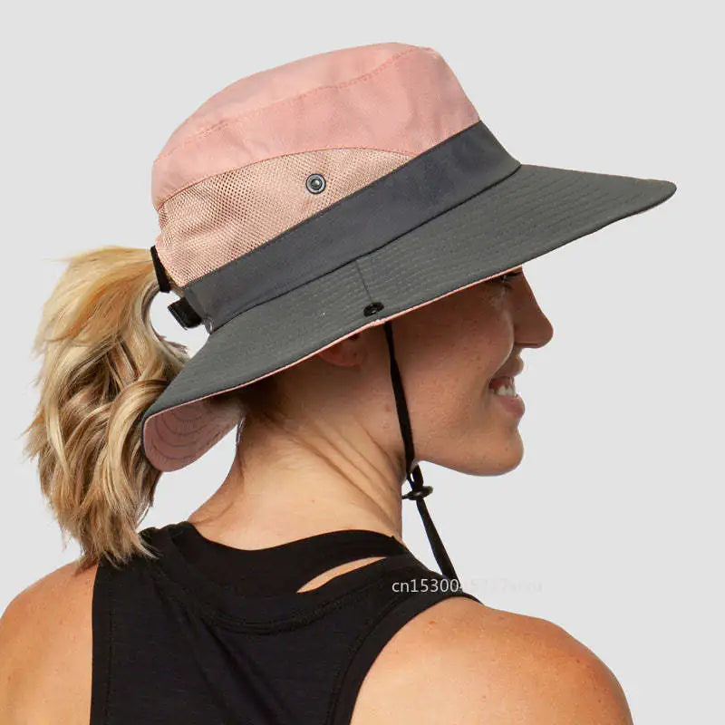 Wide Brim UV Protection Hat with Ponytail Opening (various colors)