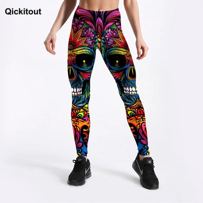 Colorful Skull & Leaf Printed Slim Workout Leggings