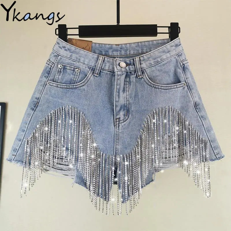 Women luxurious Tassel Rhinestone Fringed Jean Shorts