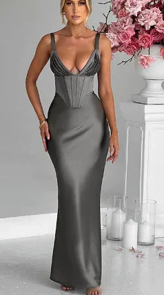 Elegant Deep V Satin Slim Strap Dress