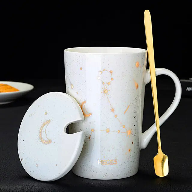 Zodiac Mugs: 12 Constellations (zodiacs) Creative Mugs With Spoon (blue or white)