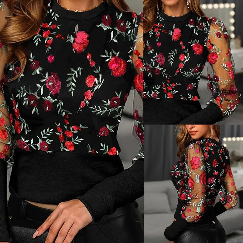 Patchwork Mesh Embroidered Floral Blouse