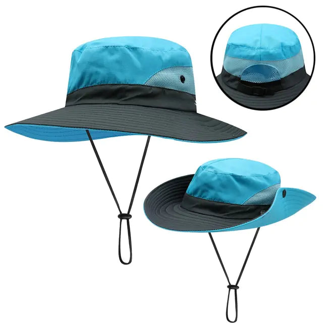 Wide Brim UV Protection Hat with Ponytail Opening (various colors)