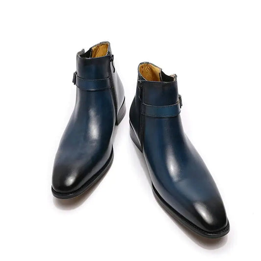 Italian Leather Dress Boots With Zipper & Buckley (blue & black)