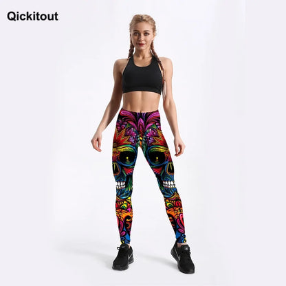 Colorful Skull & Leaf Printed Slim Workout Leggings