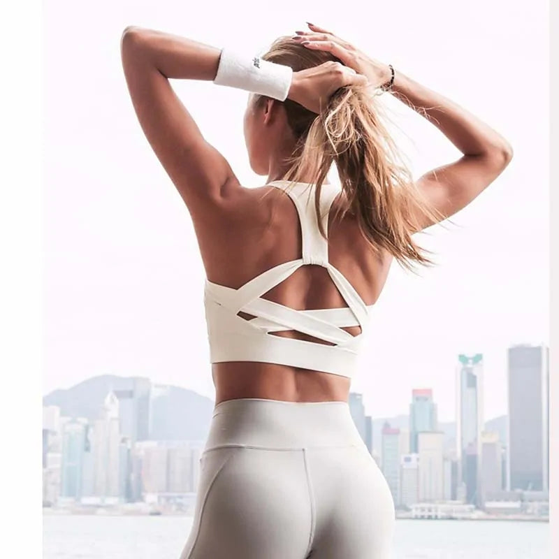 White Strap Push Up Sports Bra & Yoga Athletic Vest (black or white)