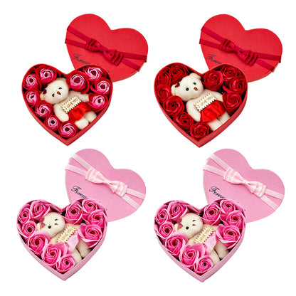 10 Heart-shape Soap Flower Gift Box with Scented Rose Petals & Bear