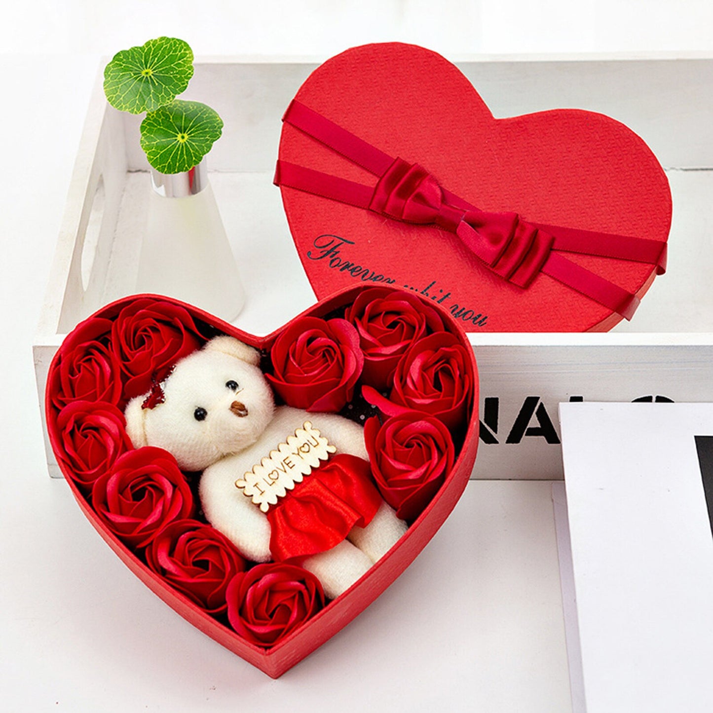 10 Heart-shape Soap Flower Gift Box with Scented Rose Petals & Bear