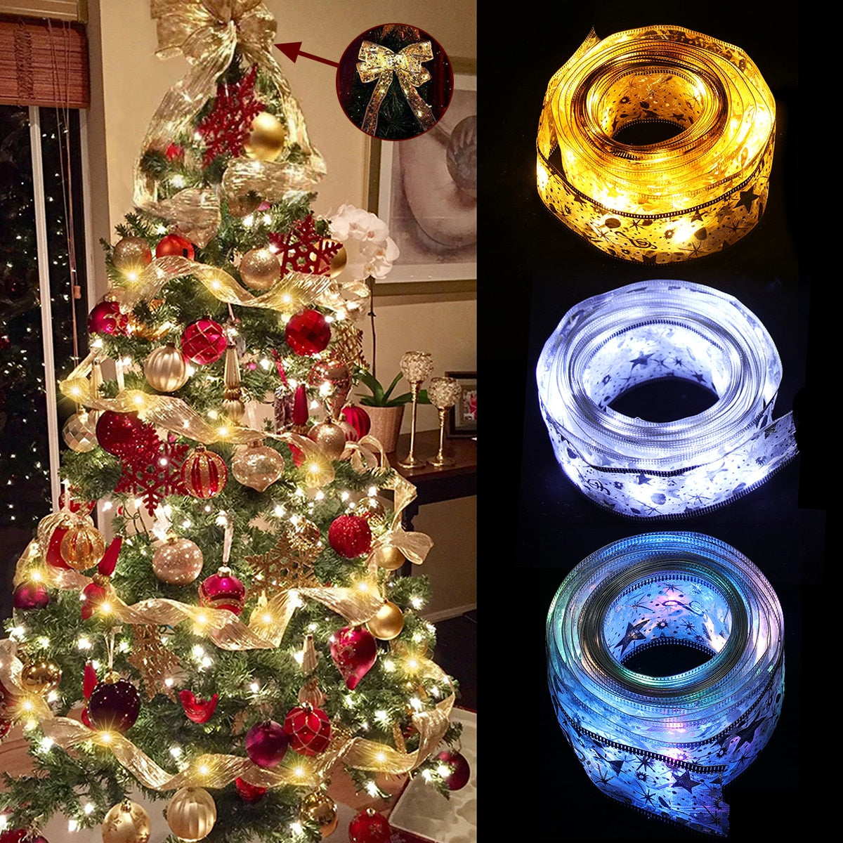 String Lights - Beautiful Ribbon String & Bow Lights for Romance & Holidays (various colors)