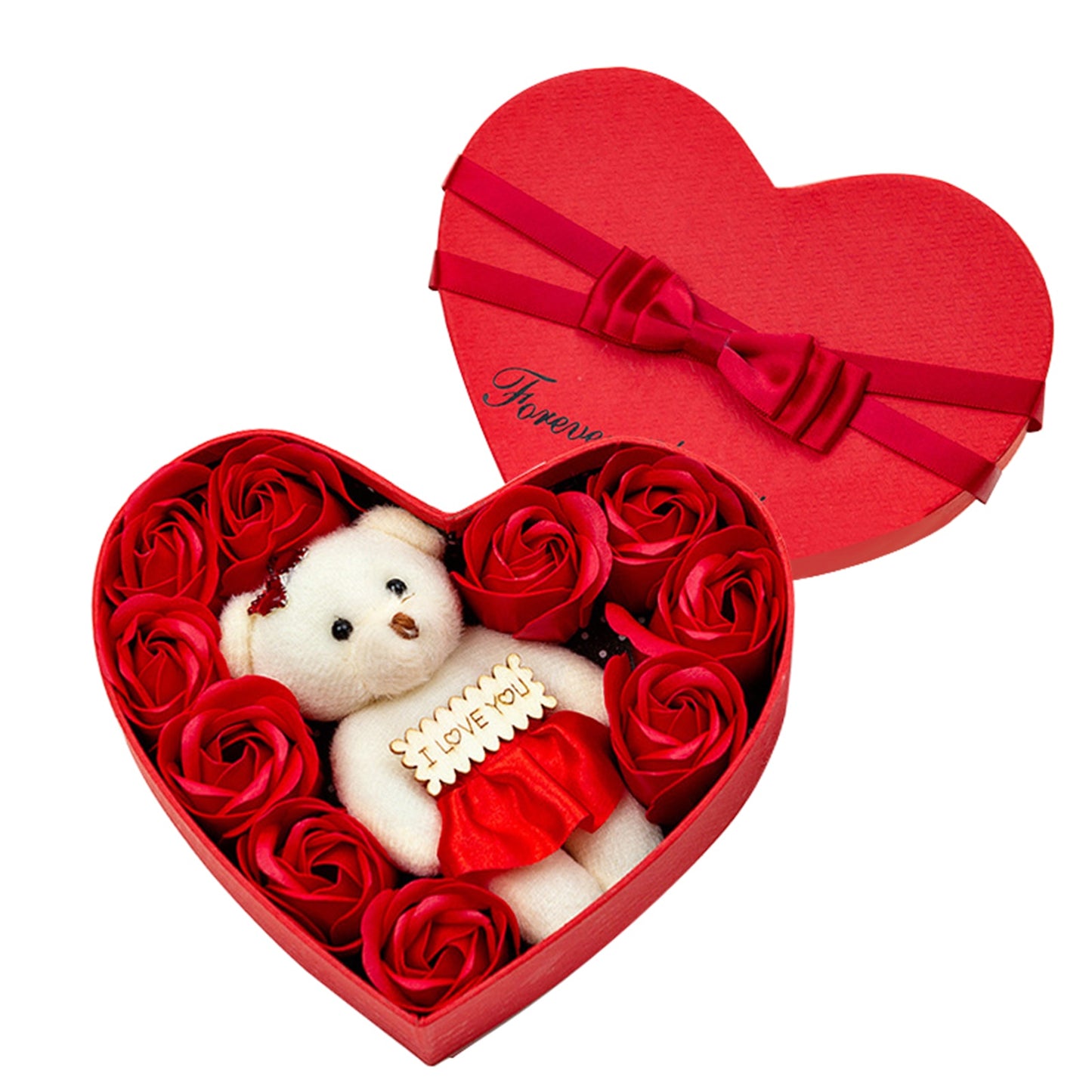 10 Heart-shape Soap Flower Gift Box with Scented Rose Petals & Bear