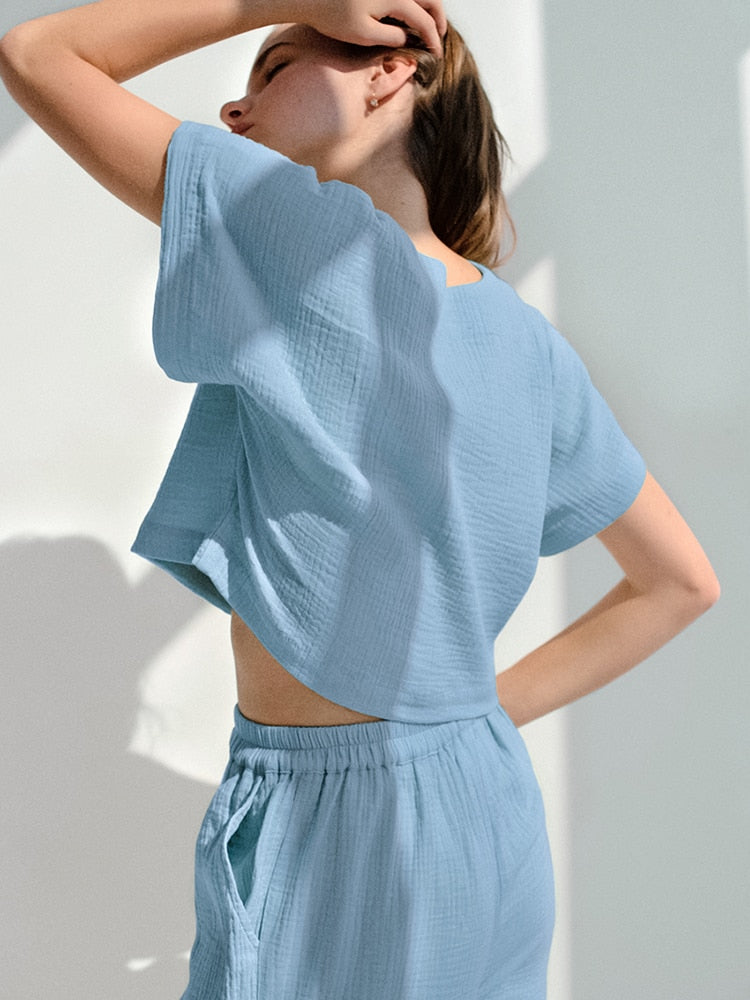 2 Piece Set Cotton Pajamas Set (blue or green)