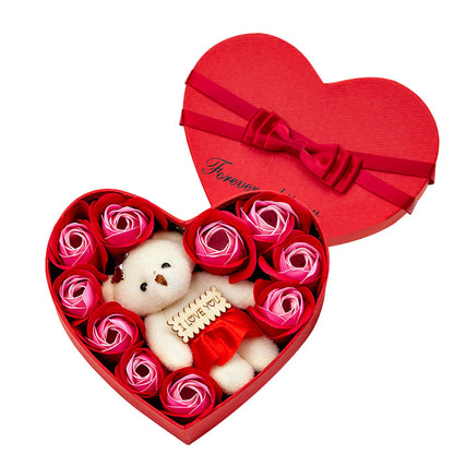 10 Heart-shape Soap Flower Gift Box with Scented Rose Petals & Bear