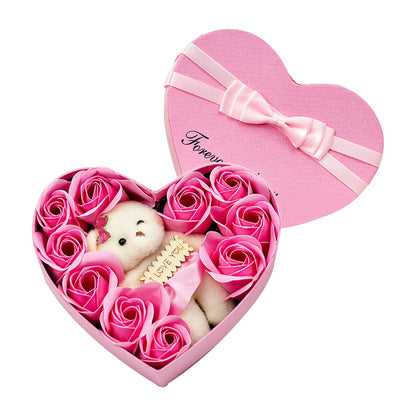 10 Heart-shape Soap Flower Gift Box with Scented Rose Petals & Bear